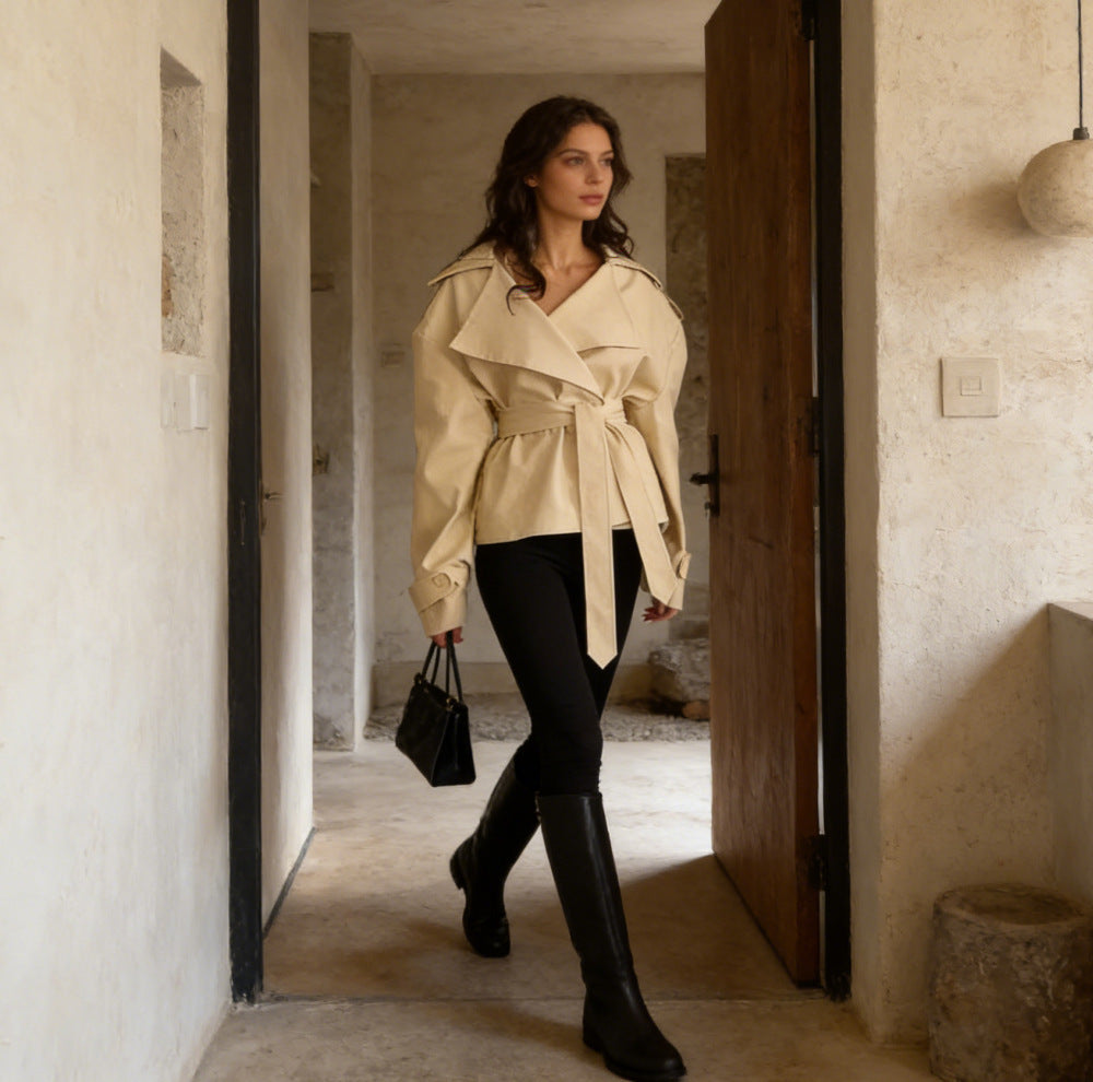 Damen Cropped-Trenchjacke mit doppelter Knopfleiste, Taillengürtel und Schulterriegeln Drune