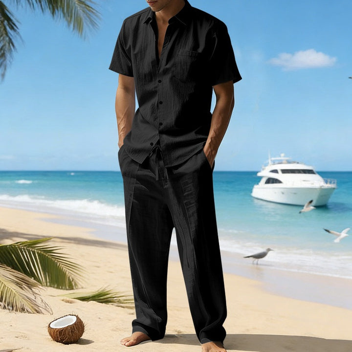 Herren nan resort-taugliches Kurzarm-Hemd mit Brusttasche und lässiger Leinen-Kordelhose Drune