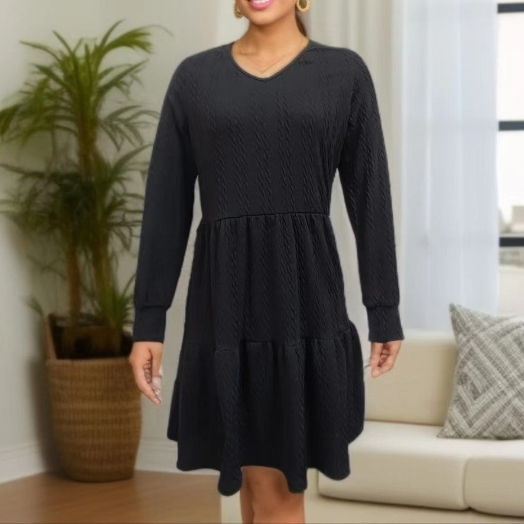 Damen lässiges V-Ausschnitt Kleid mit weitem Saum Drune