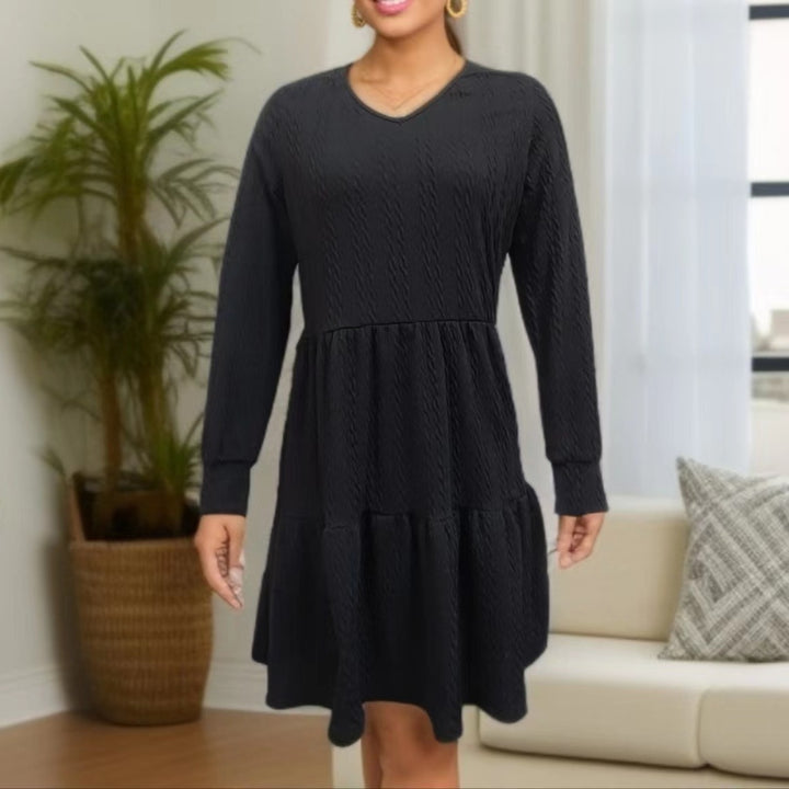 Damen lässiges V-Ausschnitt Kleid mit weitem Saum Drune