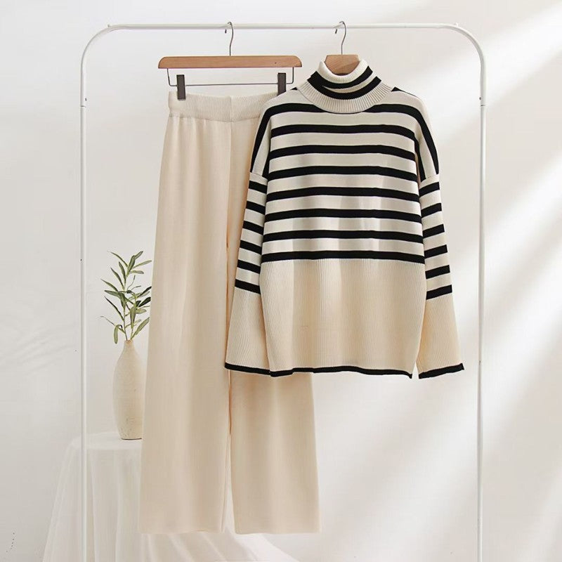 Damen gestreifter Strickpullover mit weiter Passform und hohen Kragen Drune