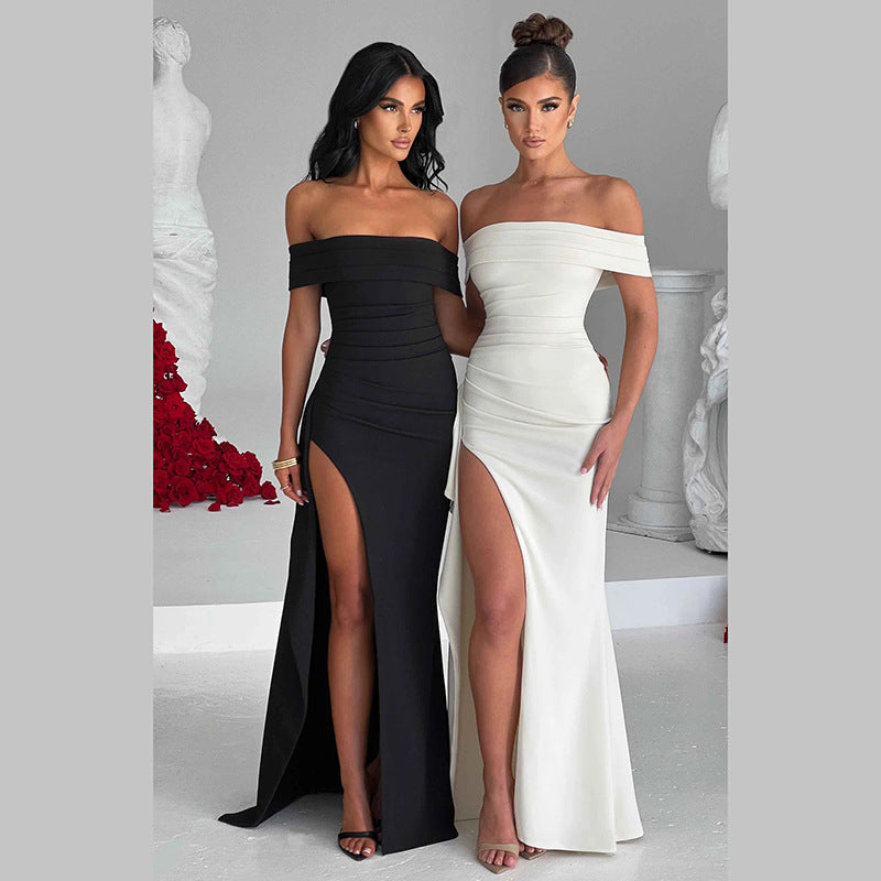Damen elegantes schulterfreies Wickelkleid mit hohem Schlitz Drune
