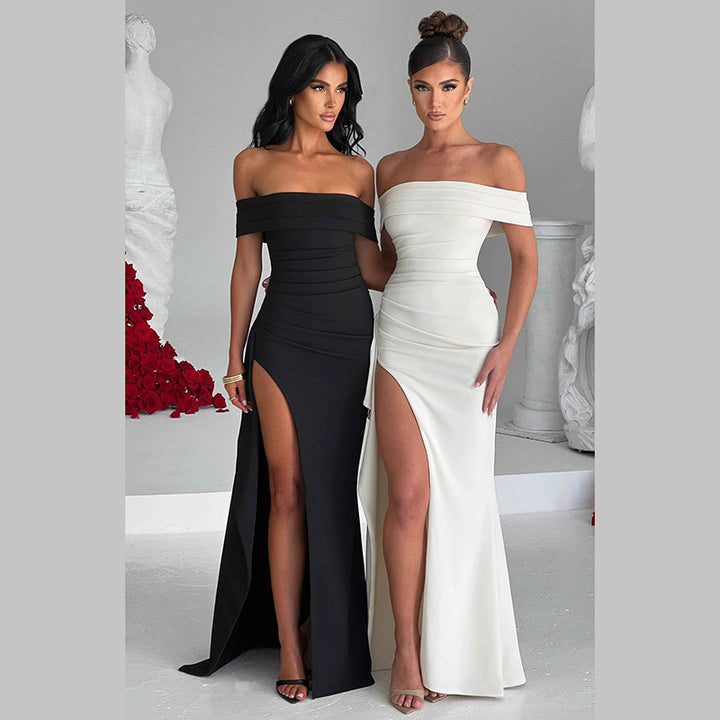 Damen elegantes schulterfreies Wickelkleid mit hohem Schlitz Drune