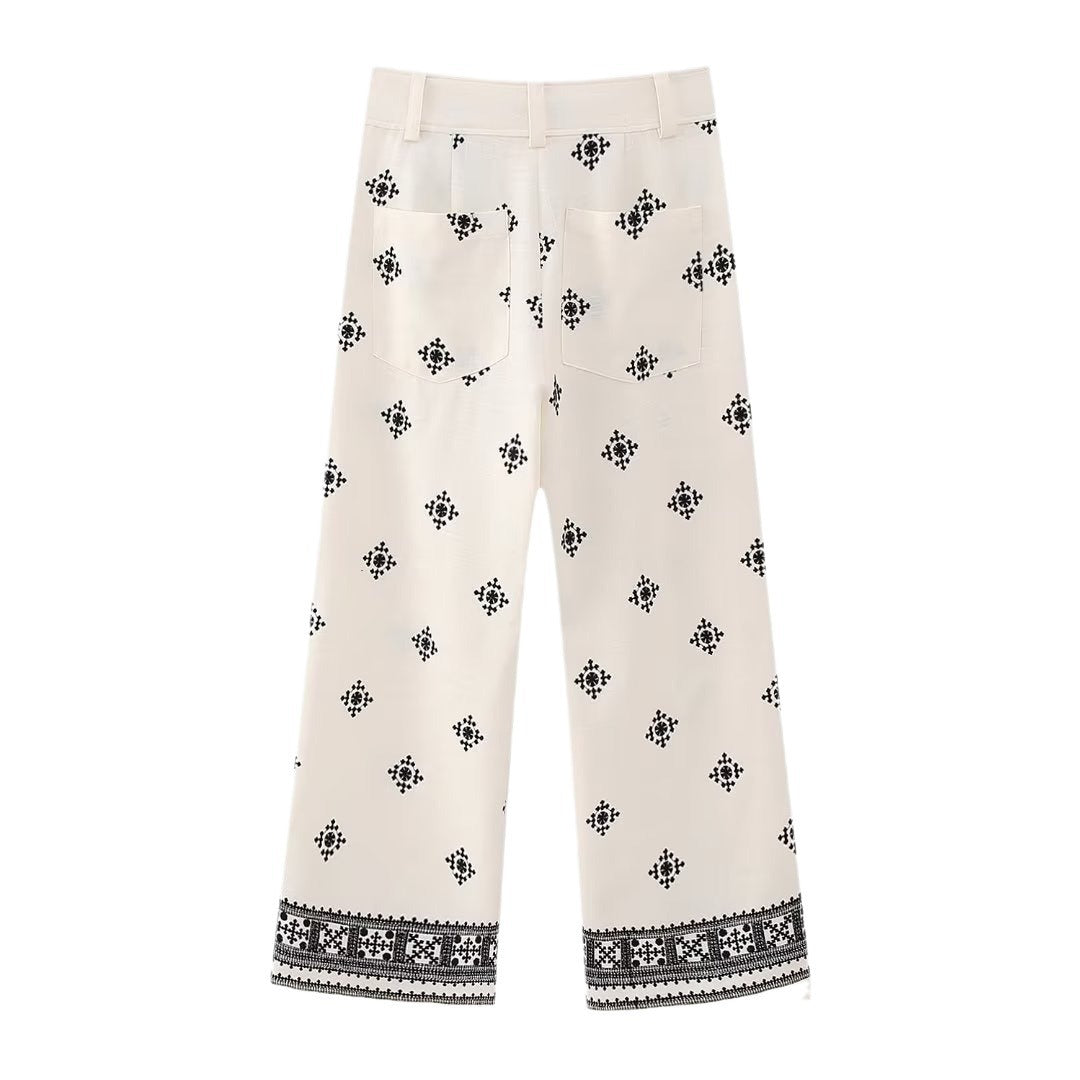 Damen Bestickte Culotte-Hose mit weitem Bein und Bordürenprint Drune