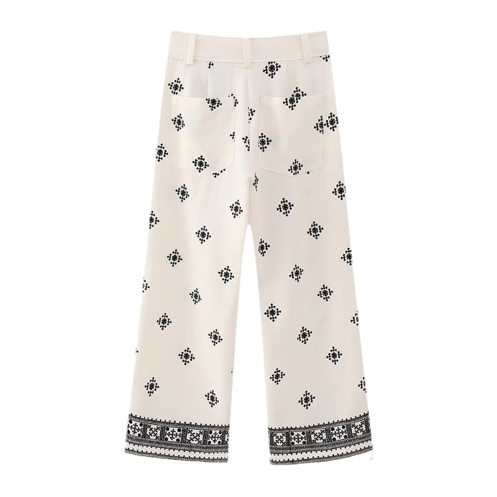 Damen Bestickte Culotte-Hose mit weitem Bein und Bordürenprint Drune