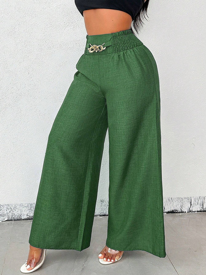 Damen Weite Leinenoptik-Hose mit hohem Smokbund und dekorativer Kettenapplikation Drune