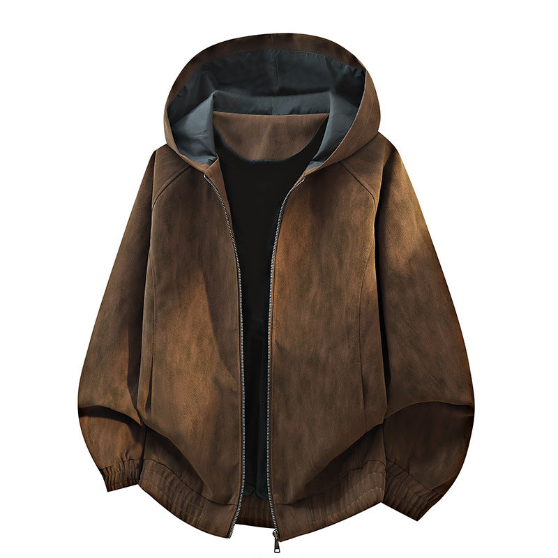 Herren Oversize Kapuzenjacke aus Velourslederimitat mit durchgehendem Reißverschluss und elastischem Saum Drune