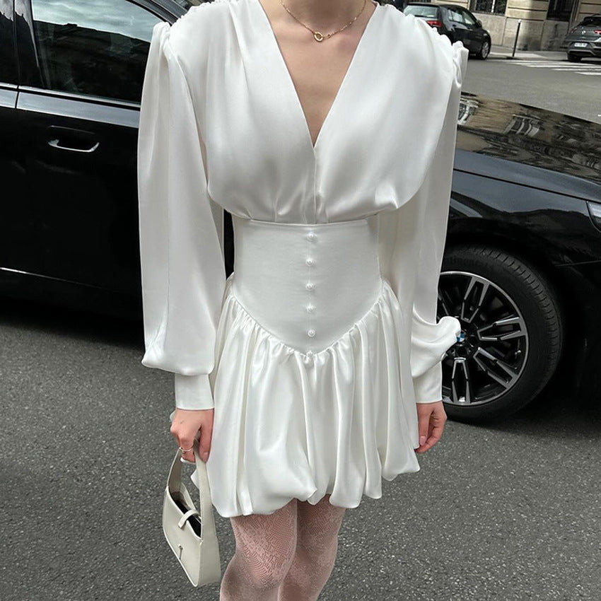 Damen elegantes Minikleid mit tiefem V-Ausschnitt, voluminösen Ärmeln und taillierter Taille Drune