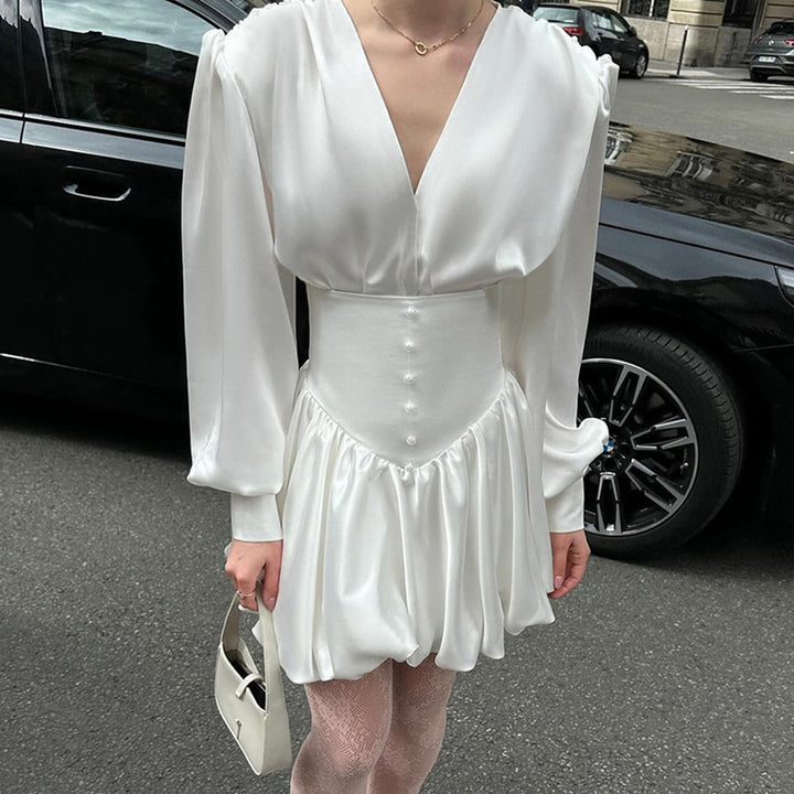 Damen elegantes Minikleid mit tiefem V-Ausschnitt, voluminösen Ärmeln und taillierter Taille Drune