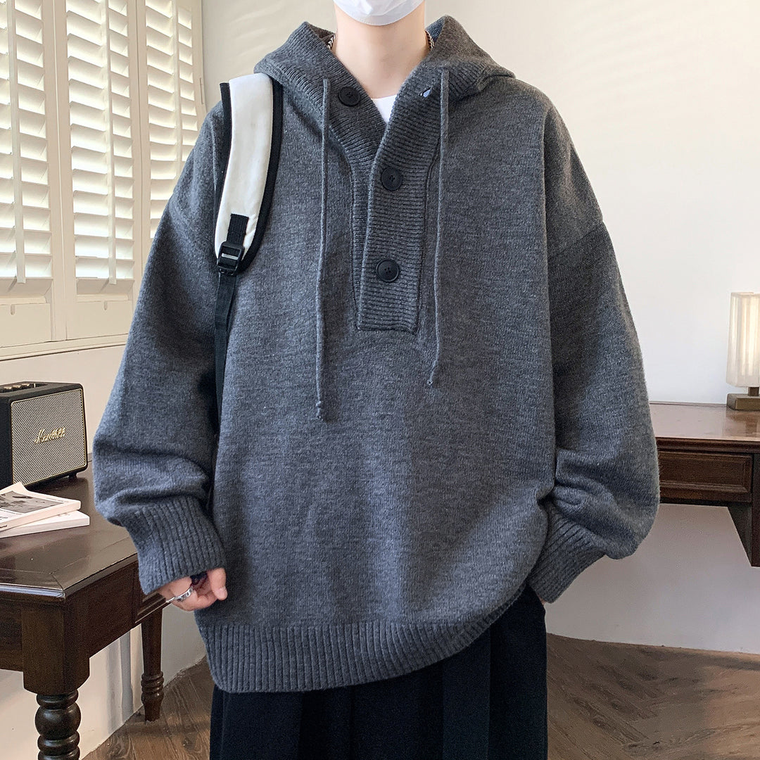 Unisex Oversize Strick-Hoodie mit Halbknopfblende und Rippbündchen Drune