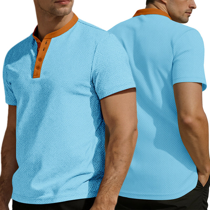 Herren nan schlankes Kurzarm-Henley-Poloshirt mit Mandarin-Kragen und feiner Jacquardstruktur Drune