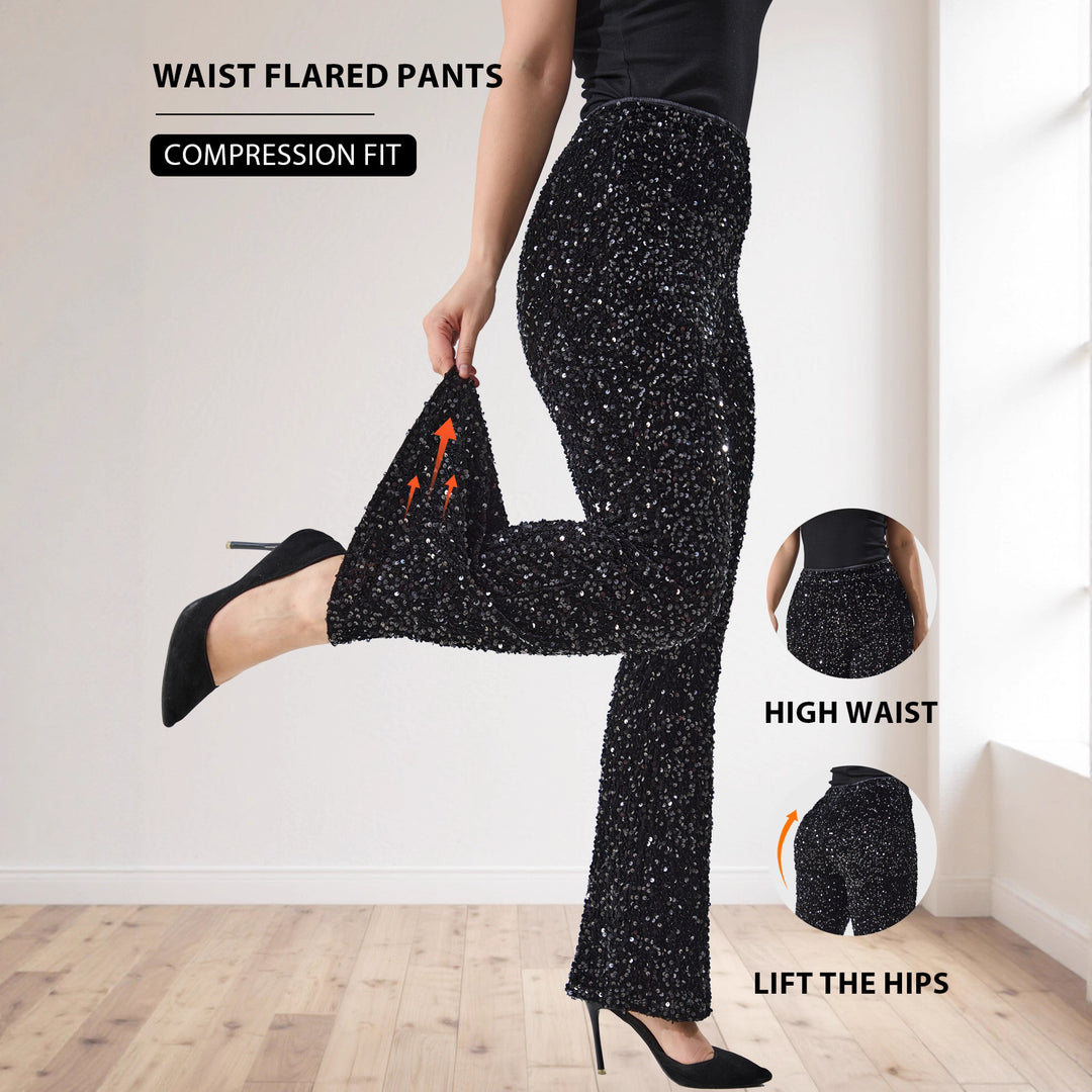 Damen Glitzernde Pailletten-Hose mit weitem Bein und hoher Taille Drune