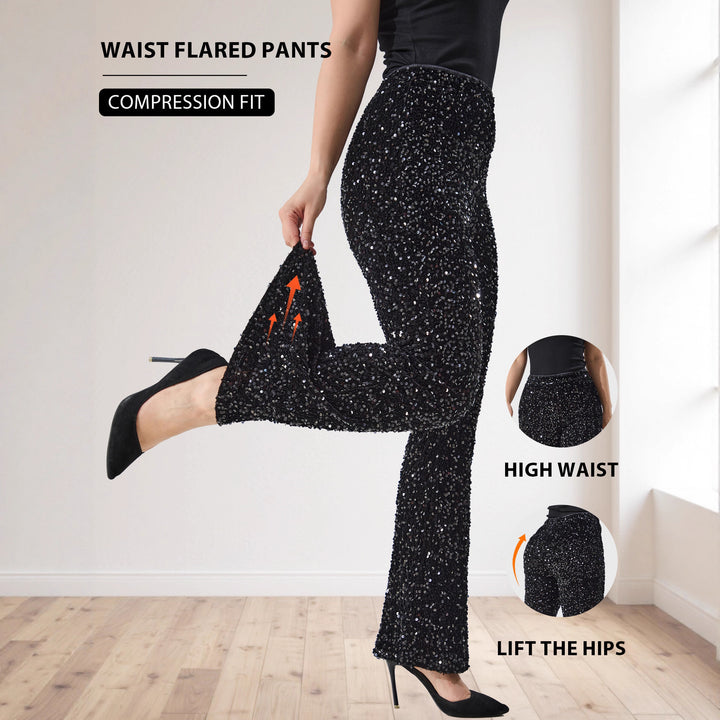 Damen Glitzernde Pailletten-Hose mit weitem Bein und hoher Taille Drune