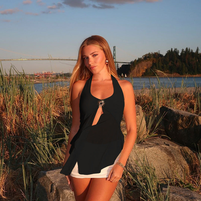Damen lässiges Haltertop mit transparentem Chiffon und eleganter Applikation Drune