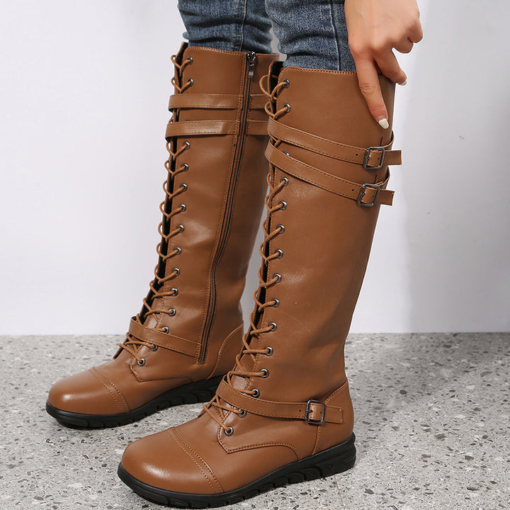 Damen  kniehohe Schnürstiefel mit Memory Fußbett, profilierter Gummisohle, Schnürung und seitlichem Reißverschluss Drune