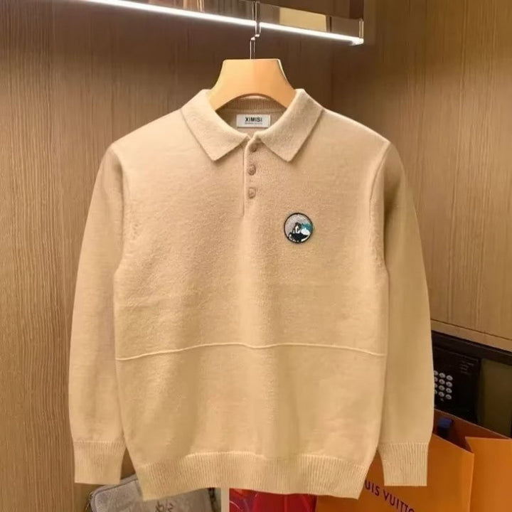 Herren Polokragen-Feinstrickpullover mit Emblem und gerippten Bündchen Drune