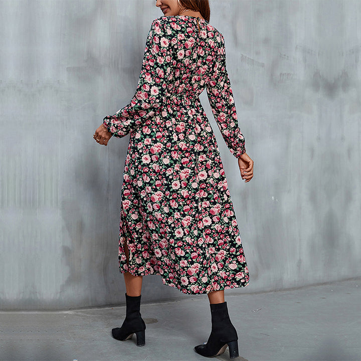 Damen Maxikleid mit V-Ausschnitt, taillierter Empire-Naht, seitlichem Beinschlitz und floralem Allover-Print Drune