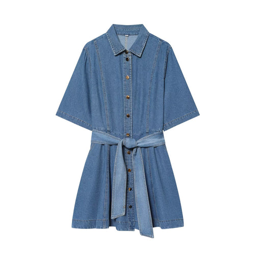 Damen Denim-Hemdblusenkleid mit Taillengürtel und ausgestellter A-Linie Drune