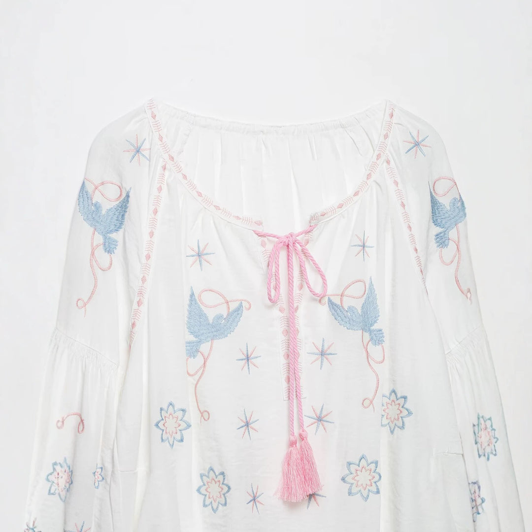 Damen Bestickte luftige Boho-Tunika mit Quastenband und Ballonärmeln Drune
