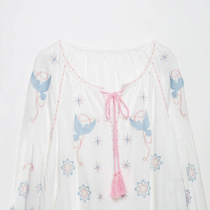 Damen Bestickte luftige Boho-Tunika mit Quastenband und Ballonärmeln Drune