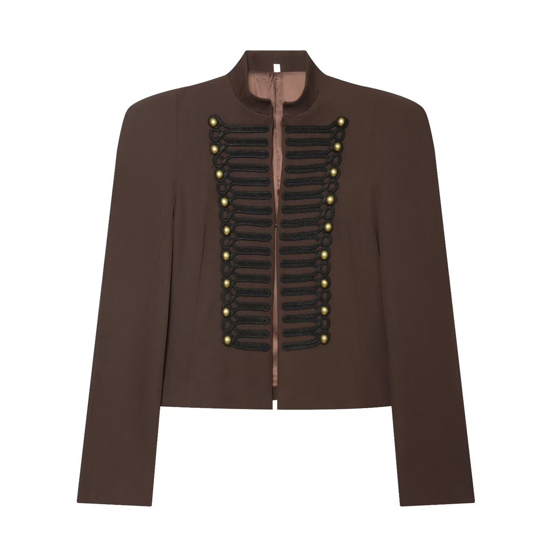 Damen Cropped Military-Blazer mit ornamentaler Kordelverzierung und Stehkragen Drune