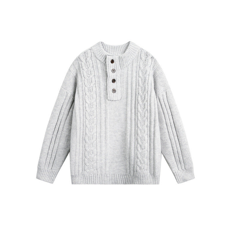 Damen Grobgestrickter Zopf‑Strickpullover mit Henley‑Knopfleiste und Stehkragen Drune