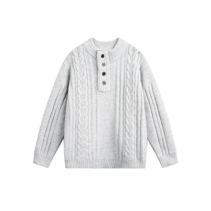 Damen Grobgestrickter Zopf‑Strickpullover mit Henley‑Knopfleiste und Stehkragen Drune