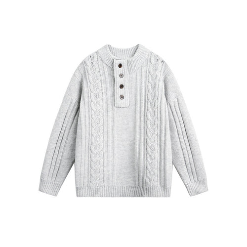Damen Grobgestrickter Zopf‑Strickpullover mit Henley‑Knopfleiste und Stehkragen Drune