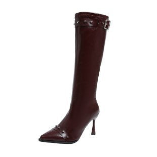 Damen Kniehohe Stiefel mit spitzer Zehenpartie, skulpturellem Stilettoabsatz und Zierriemen Drune