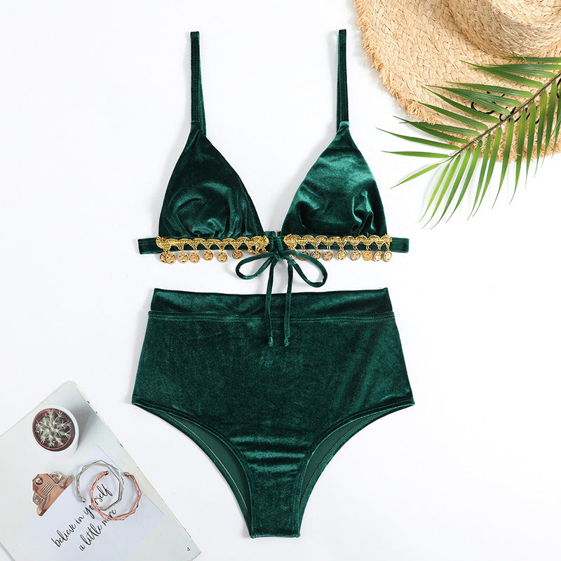 Damen Triangel-Bikini mit luxuriösem Samtstoff und glamourösen Verzierungen Drune
