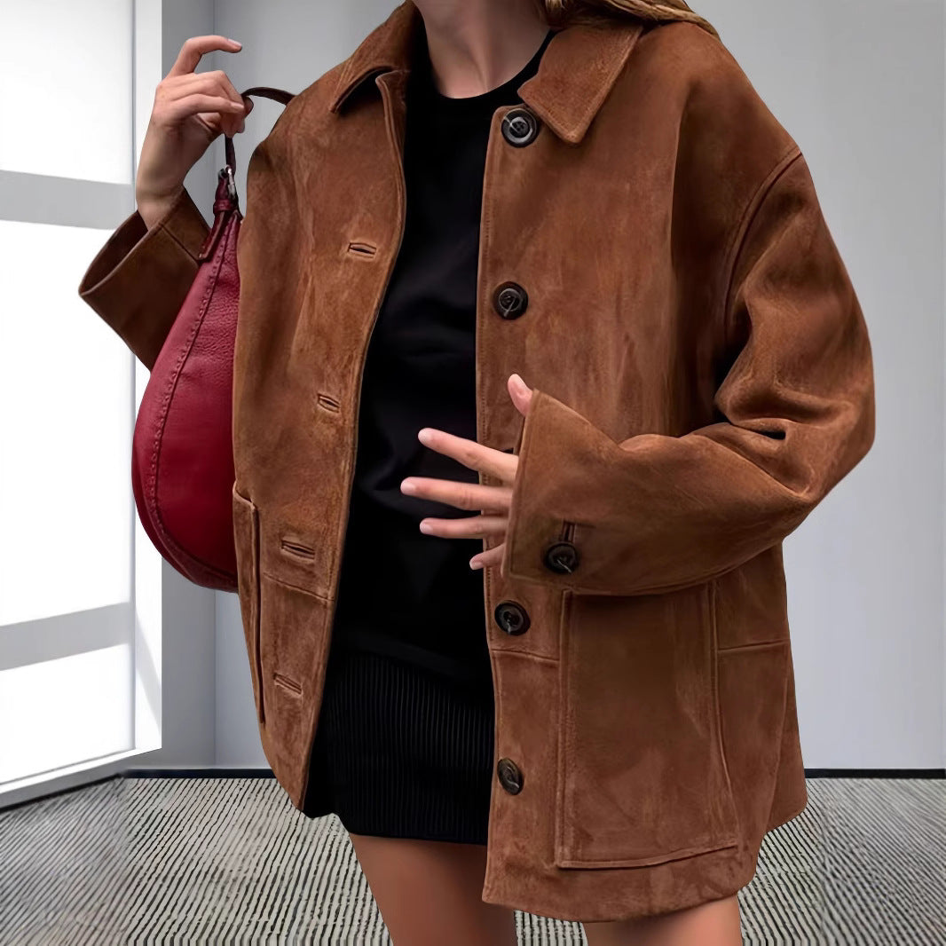 Damen oversized Suedejacke mit aufgesetzten Taschen und hochwertiger Knopfleiste Drune