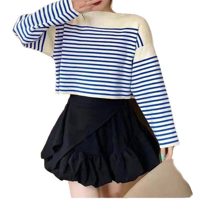 Damen Gestreifter Crop-Top Pullover Drune