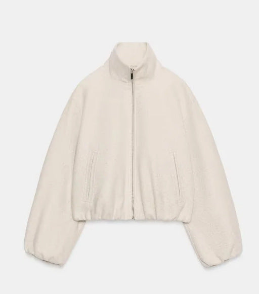 Damen Kurz geschnittene Bouclé‑Blousonjacke mit Stehkragen, elastischem Saum und Ballonärmeln Drune