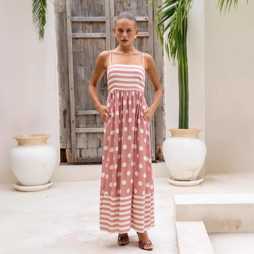 Damen Maxikleid mit gerafftem Oberteil und verspieltem Punkt- und Streifenmuster Drune