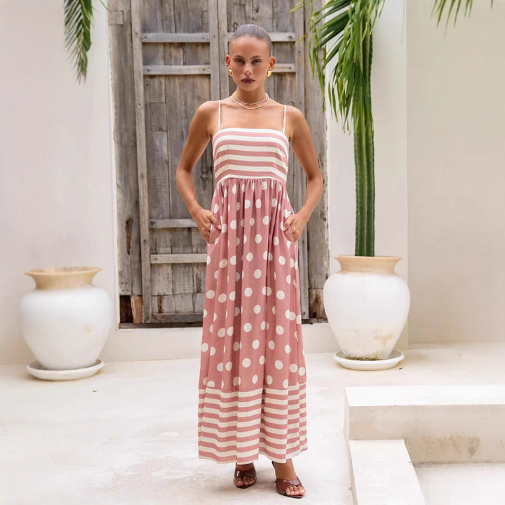 Damen Maxikleid mit gerafftem Oberteil und verspieltem Punkt- und Streifenmuster Drune