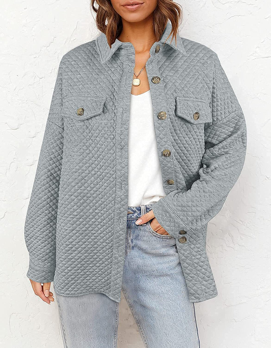 Damen Stepp Übergangshemdjacke mit Oversize Schnitt Brustpatten und Knopfleiste Drune