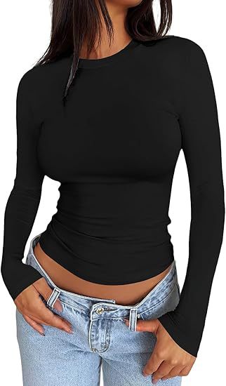 Damen Körpernahes Langarmshirt im Cropped-Look mit verlängerten Ärmeln und Daumenloch Drune