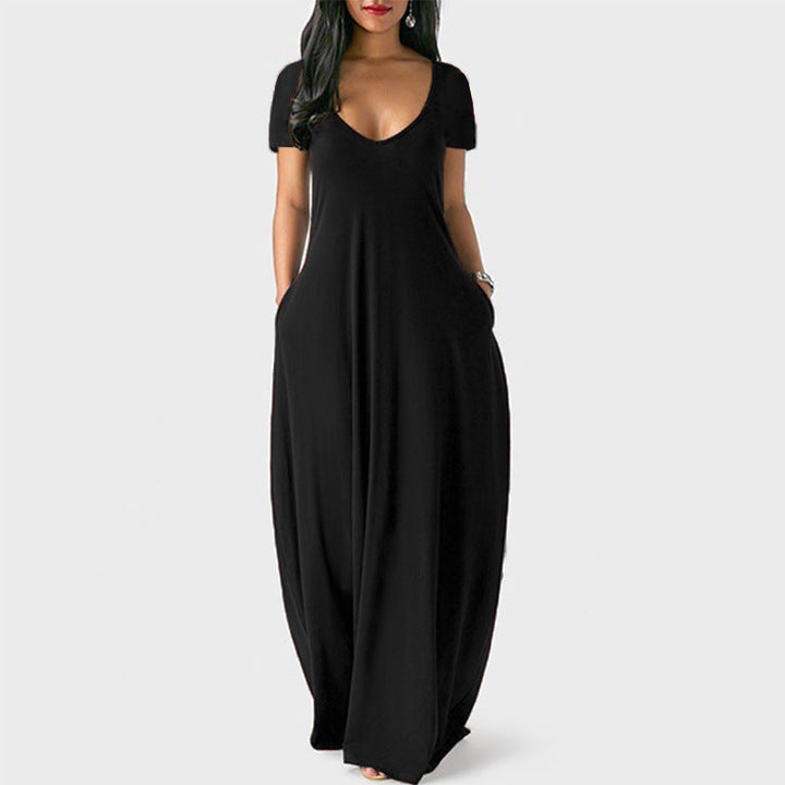 Drune | U-Ausschnitt Kurzarm Lockere Passform Maxikleid