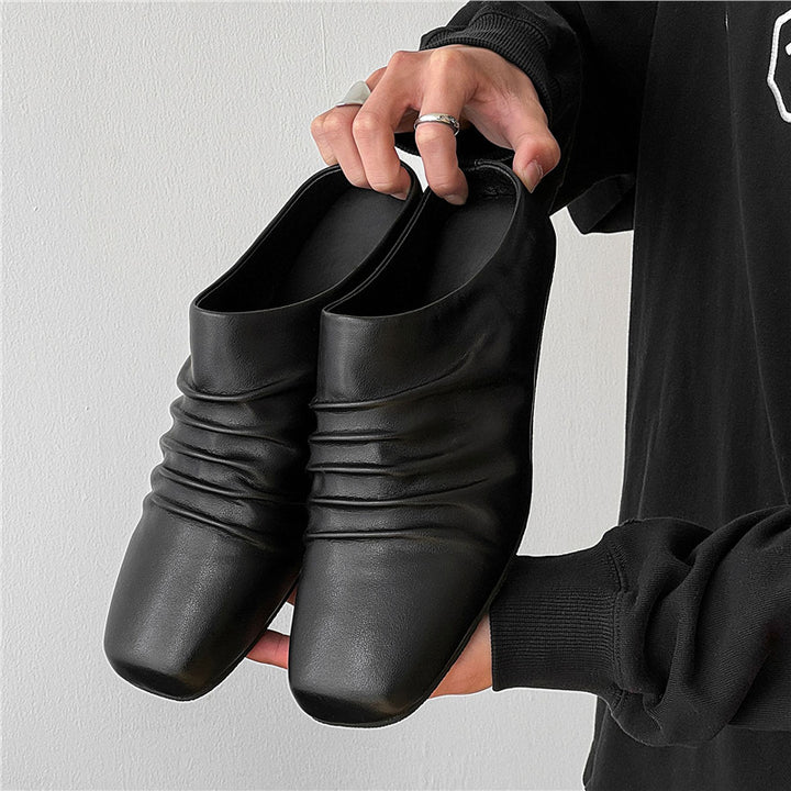 Damen Leder-Mules mit quadratischer Zehenpartie und gerafftem Obermaterial Drune