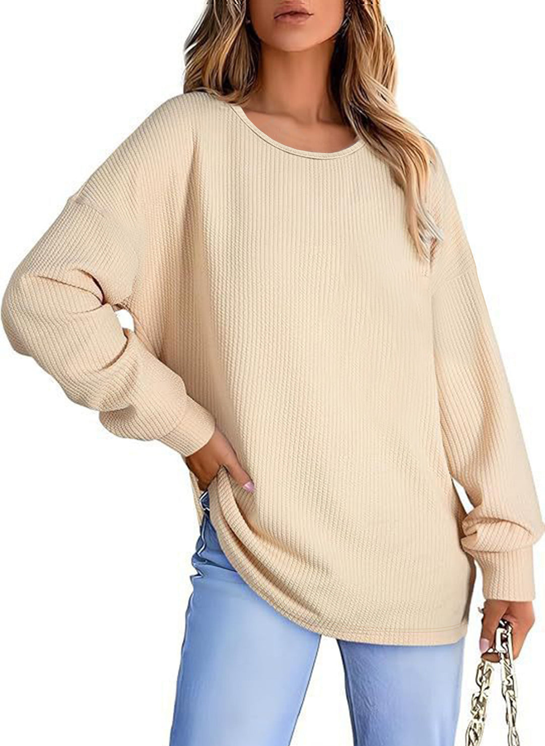 Damen Oversize Waffelstrickpullover mit Rundhals, Ballonärmeln und verlängertem Saum Drune