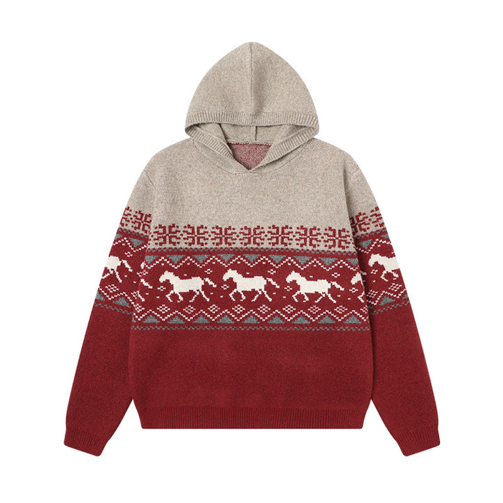Damen Gemütlicher Grobstrickpullover mit Kapuze und Pferdemotiv Drune