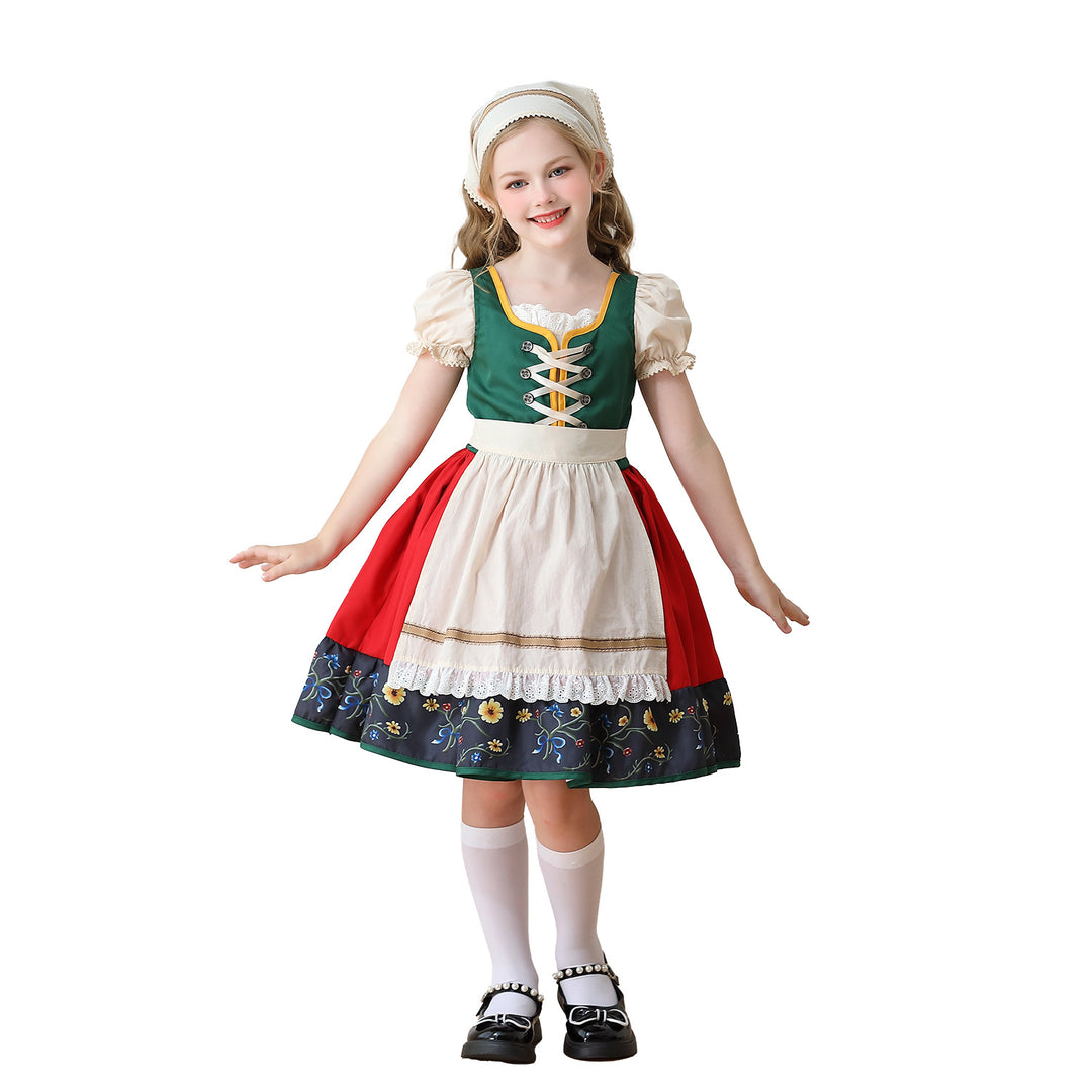 Damen nan traditionelles Kinderdirndl Kleid mit dekorativer Schnürung Schürze und Spitzenkopftuch Drune