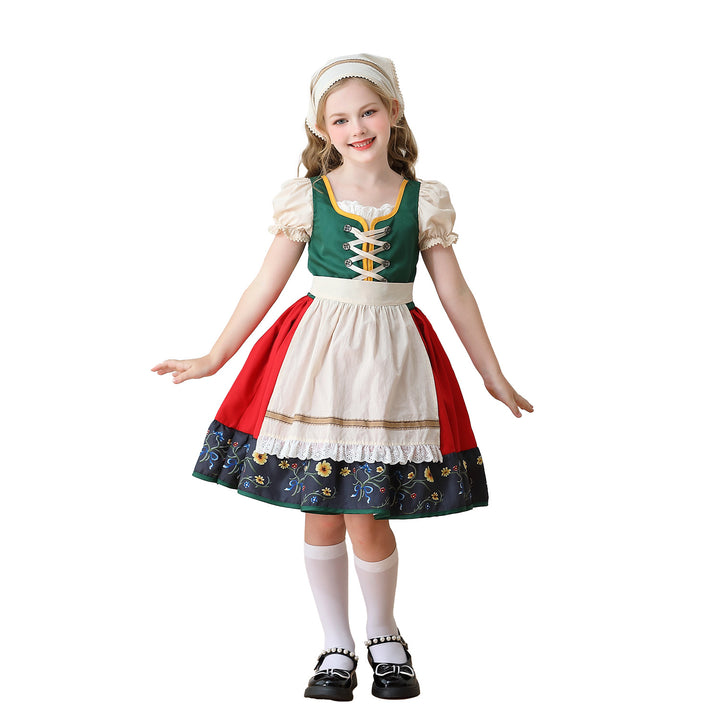 Damen nan traditionelles Kinderdirndl Kleid mit dekorativer Schnürung Schürze und Spitzenkopftuch Drune