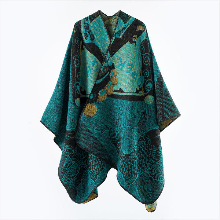 Damen Jacquard-Strick Cape mit Koi-Motiv und weitem Oversize-Fall Drune