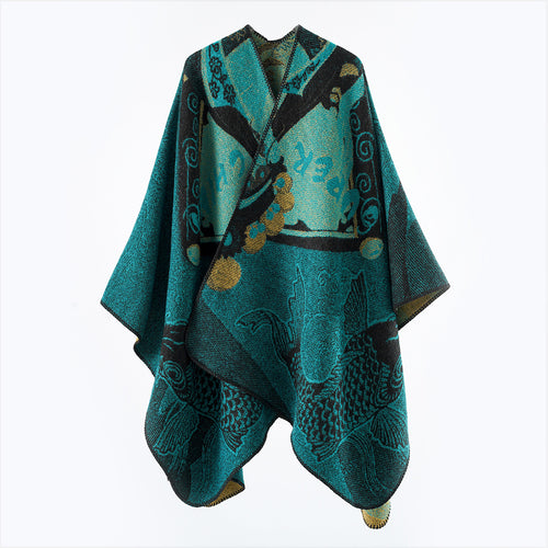 Damen Jacquard-Strick Cape mit Koi-Motiv und weitem Oversize-Fall Drune