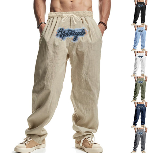 Herren Locker sitzende Leinenoptik-Relaxhose mit elastischem Bund, Kordelzug & Frontprint Drune