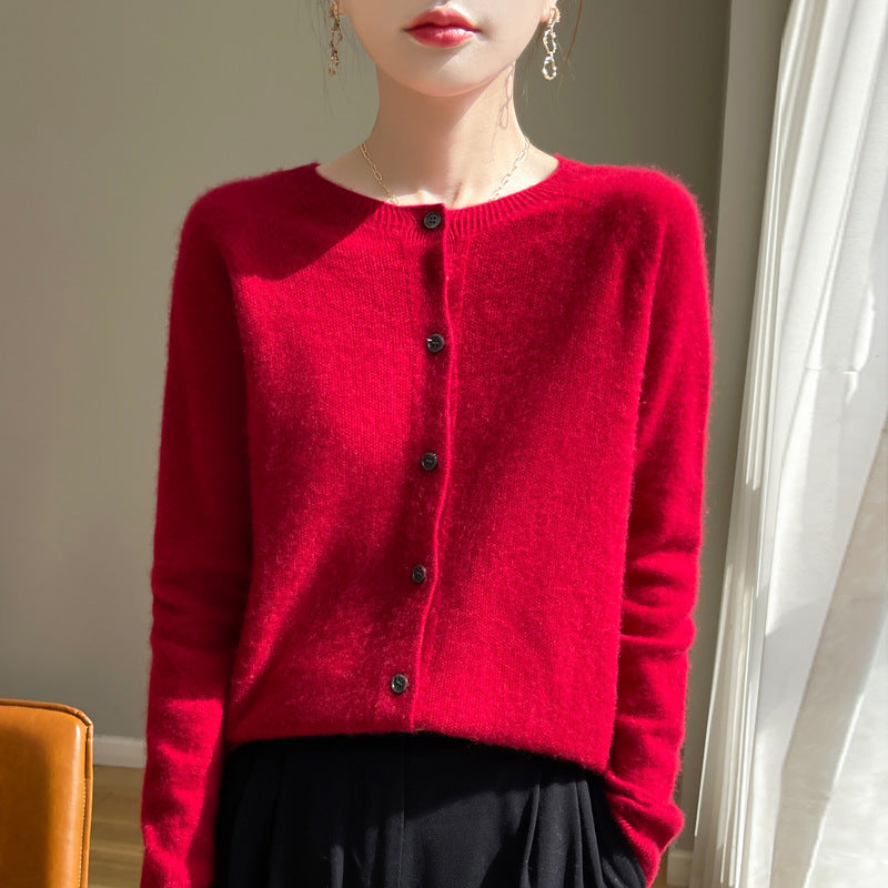 Damen Kurzgeschnittener Feinstrick-Cardigan mit Rundhalsausschnitt und schimmernder Knopfleiste Drune