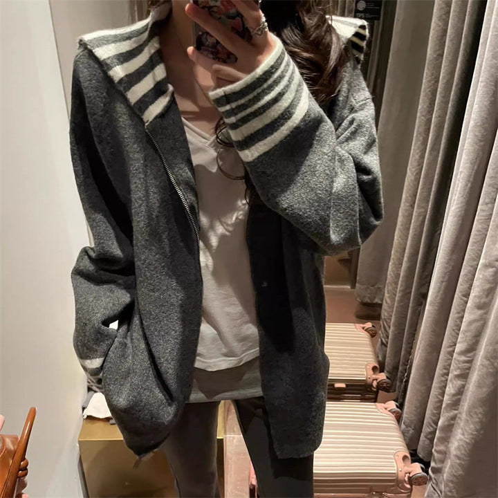 Damen modischer Casual Cardigan mit gestreiften Ärmelabschlüssen Drune