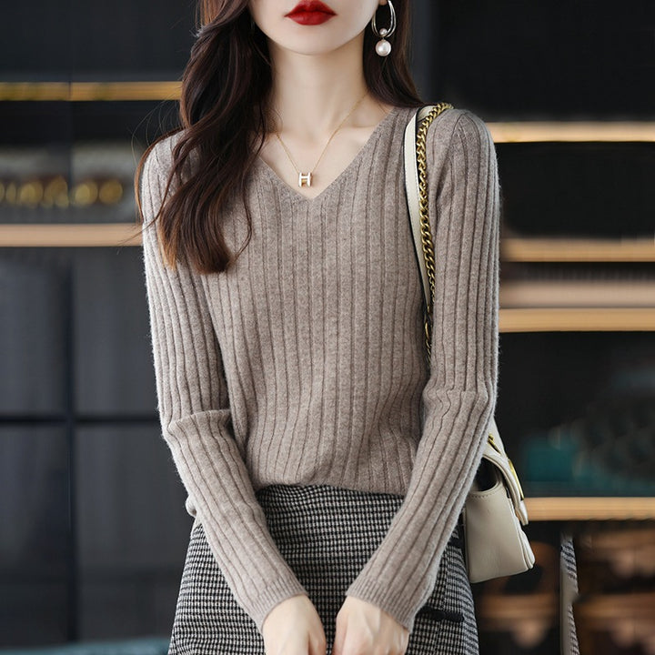Damen Strickpullover mit feiner Rippenstruktur und V-Ausschnitt Drune