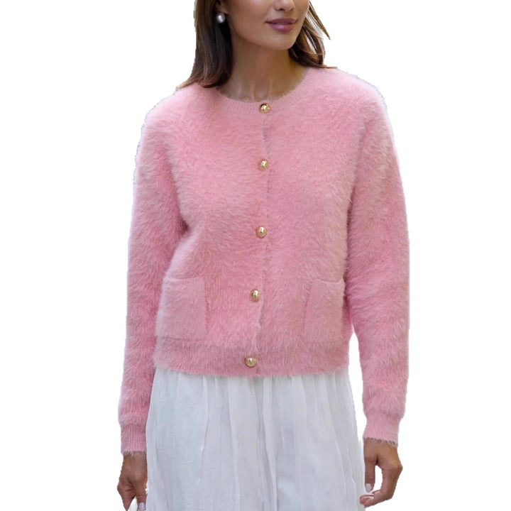 Damen Flauschige Strickjacke mit goldenen Knöpfen Drune